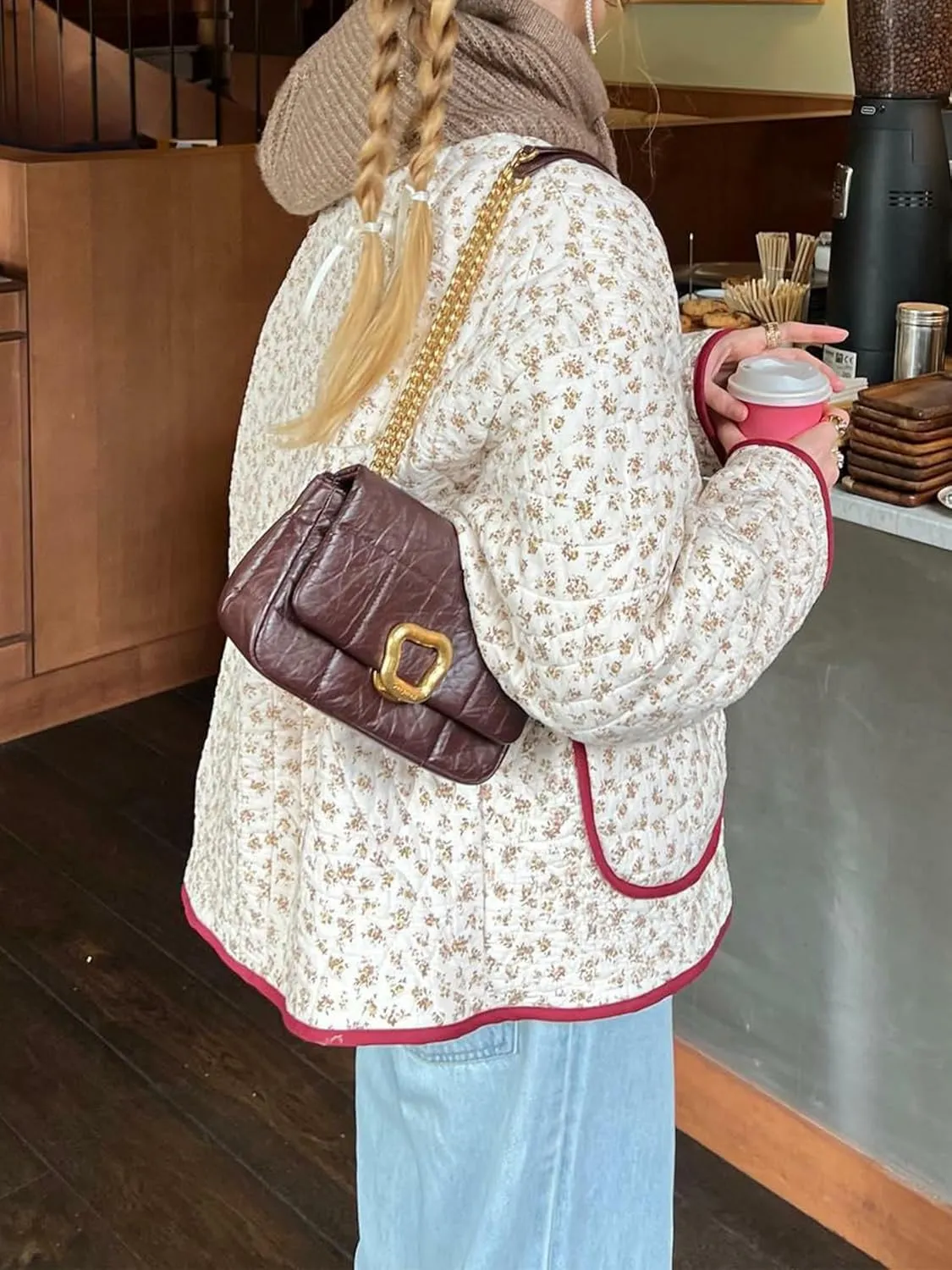 Alyweatry Quilted Jacket for Women Vintage Lightweight Padded Puffer Coat Open Front Patchwork Bomber Warm Outwear