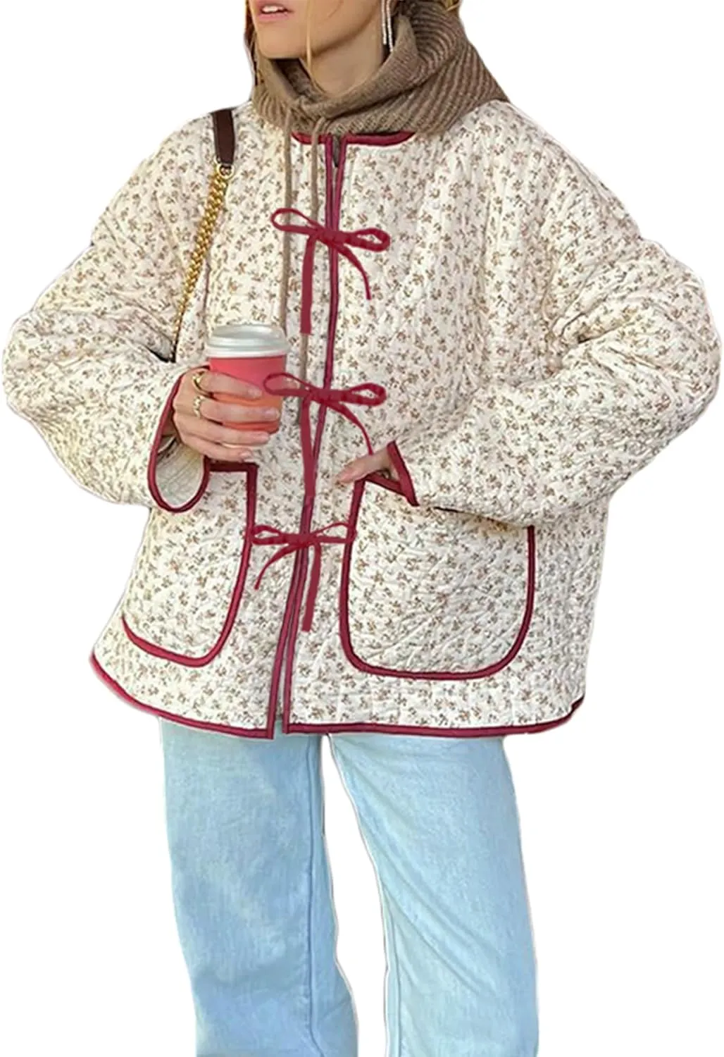 Alyweatry Quilted Jacket for Women Vintage Lightweight Padded Puffer Coat Open Front Patchwork Bomber Warm Outwear