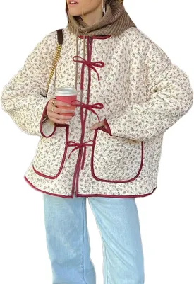 Alyweatry Quilted Jacket for Women Vintage Lightweight Padded Puffer Coat Open Front Patchwork Bomber Warm Outwear