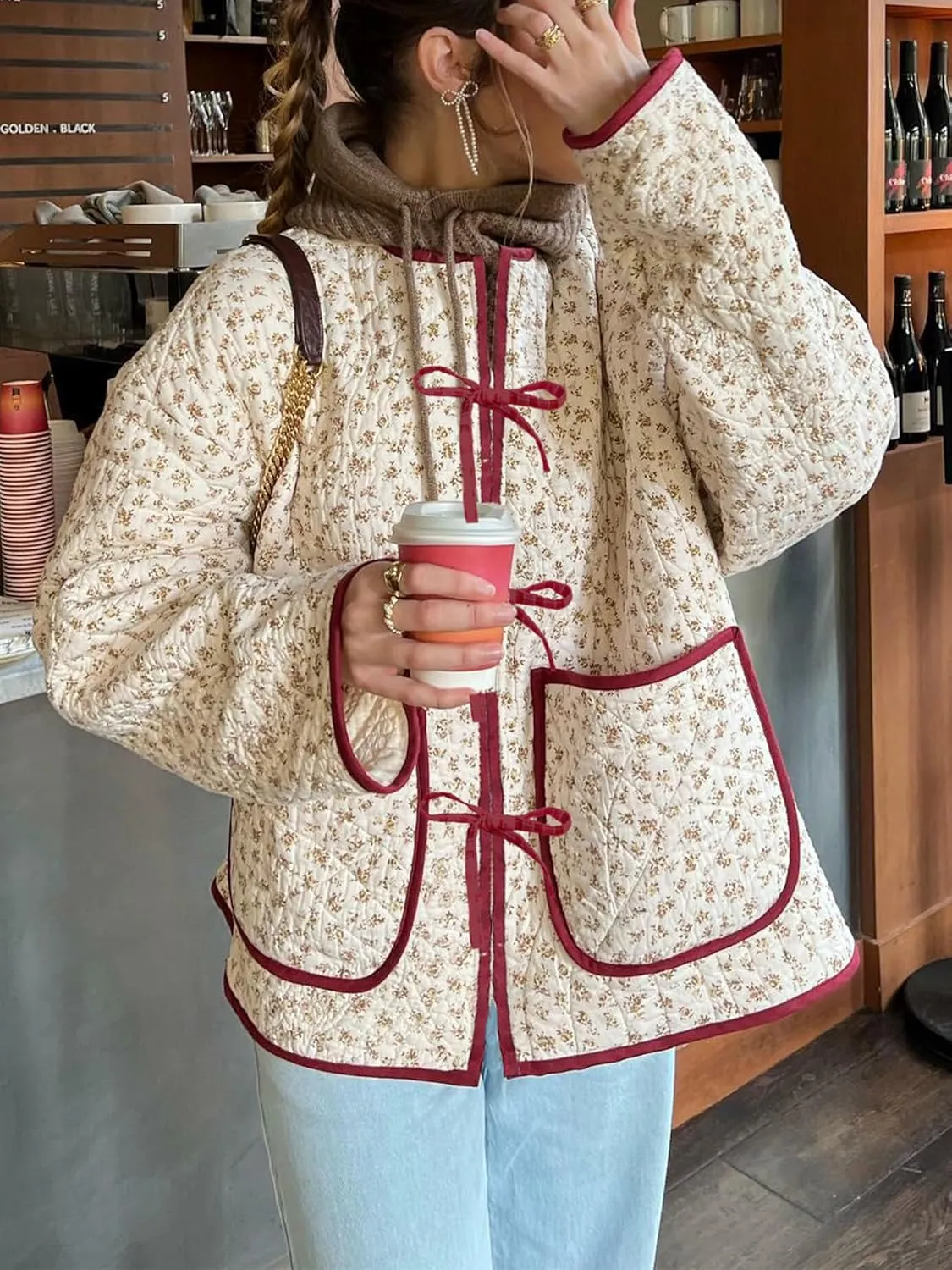Alyweatry Quilted Jacket for Women Vintage Lightweight Padded Puffer Coat Open Front Patchwork Bomber Warm Outwear