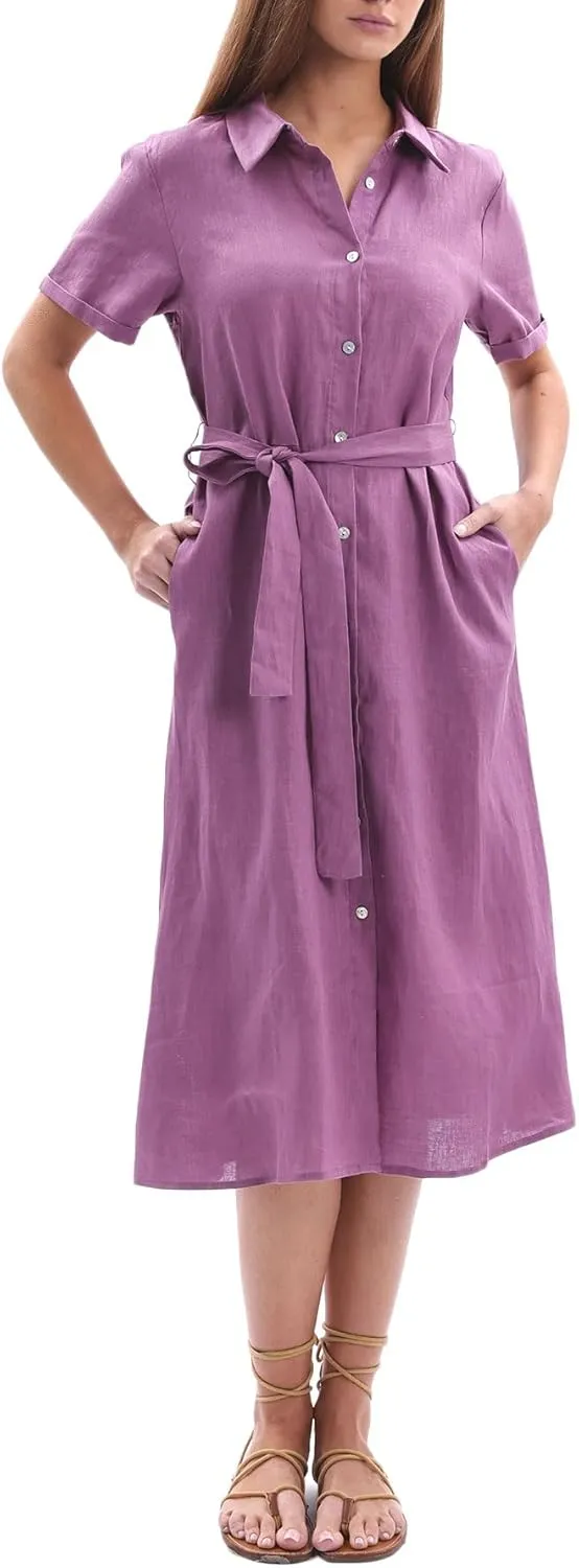 Amazhiyu Women's 100% Linen Summer Casual Loose Button Down Midi Shirt Dresses