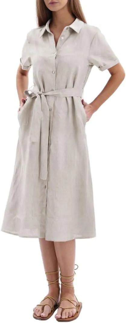 Amazhiyu Women's 100% Linen Summer Casual Loose Button Down Midi Shirt Dresses