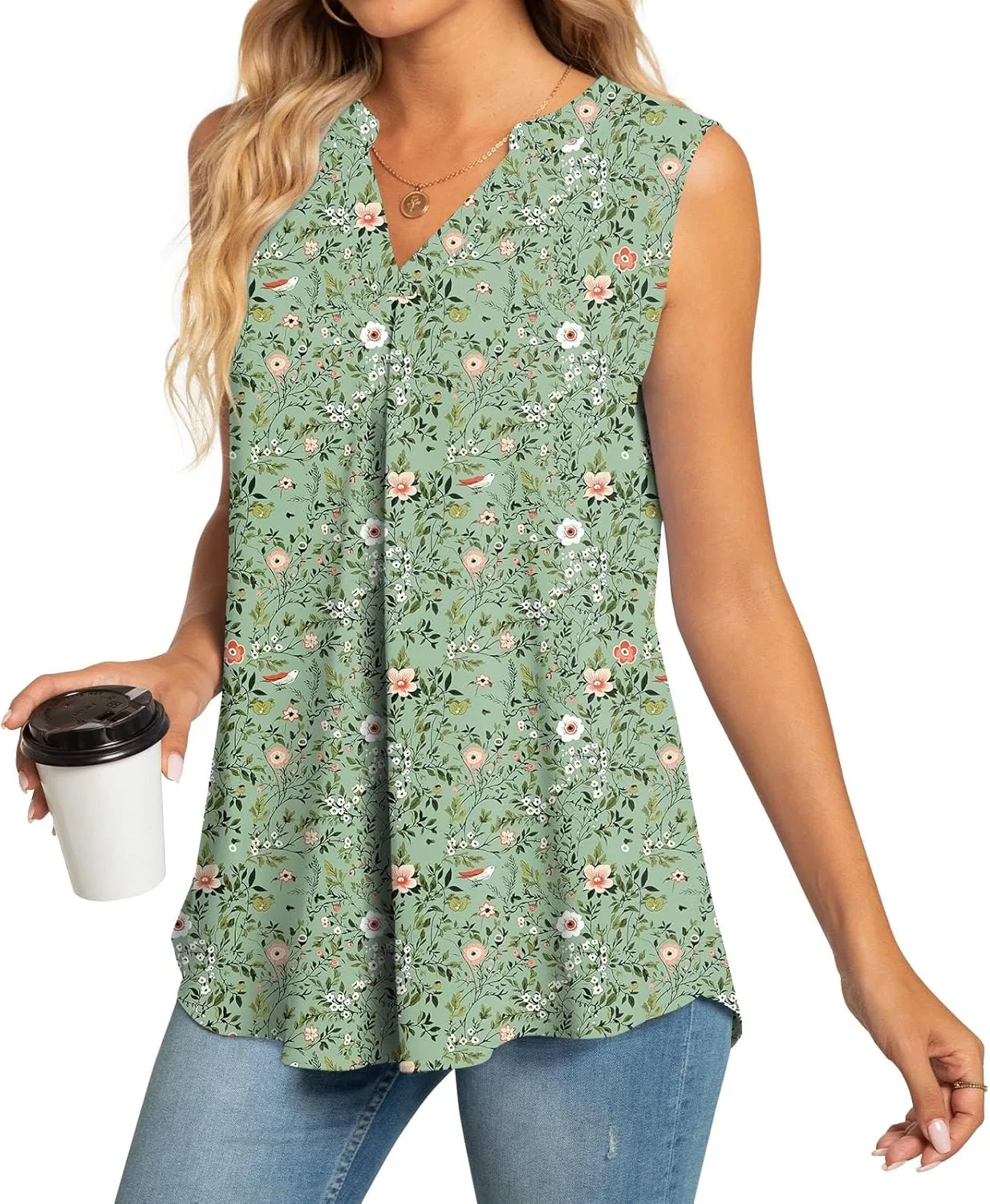 Anyhold Women's Chiffon Tank Tops Sleeveless V Neck Blouse Dressy Casual Tops Office Work Shirts