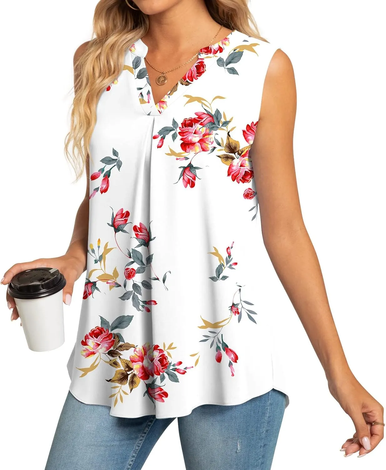 Anyhold Women's Chiffon Tank Tops Sleeveless V Neck Blouse Dressy Casual Tops Office Work Shirts