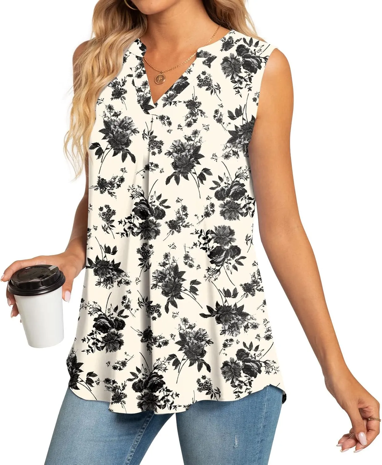 Anyhold Women's Chiffon Tank Tops Sleeveless V Neck Blouse Dressy Casual Tops Office Work Shirts