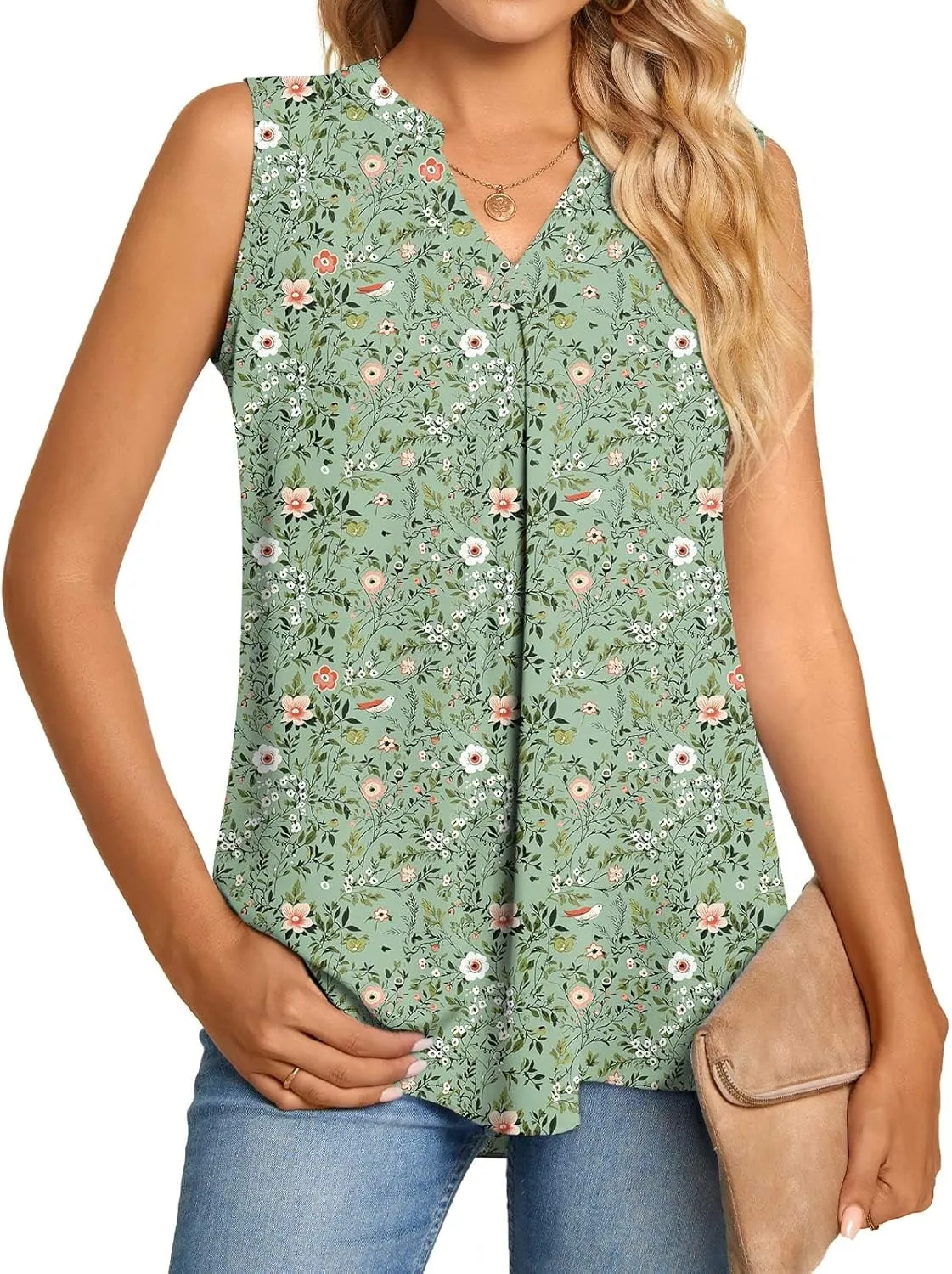 Anyhold Women's Chiffon Tank Tops Sleeveless V Neck Blouse Dressy Casual Tops Office Work Shirts