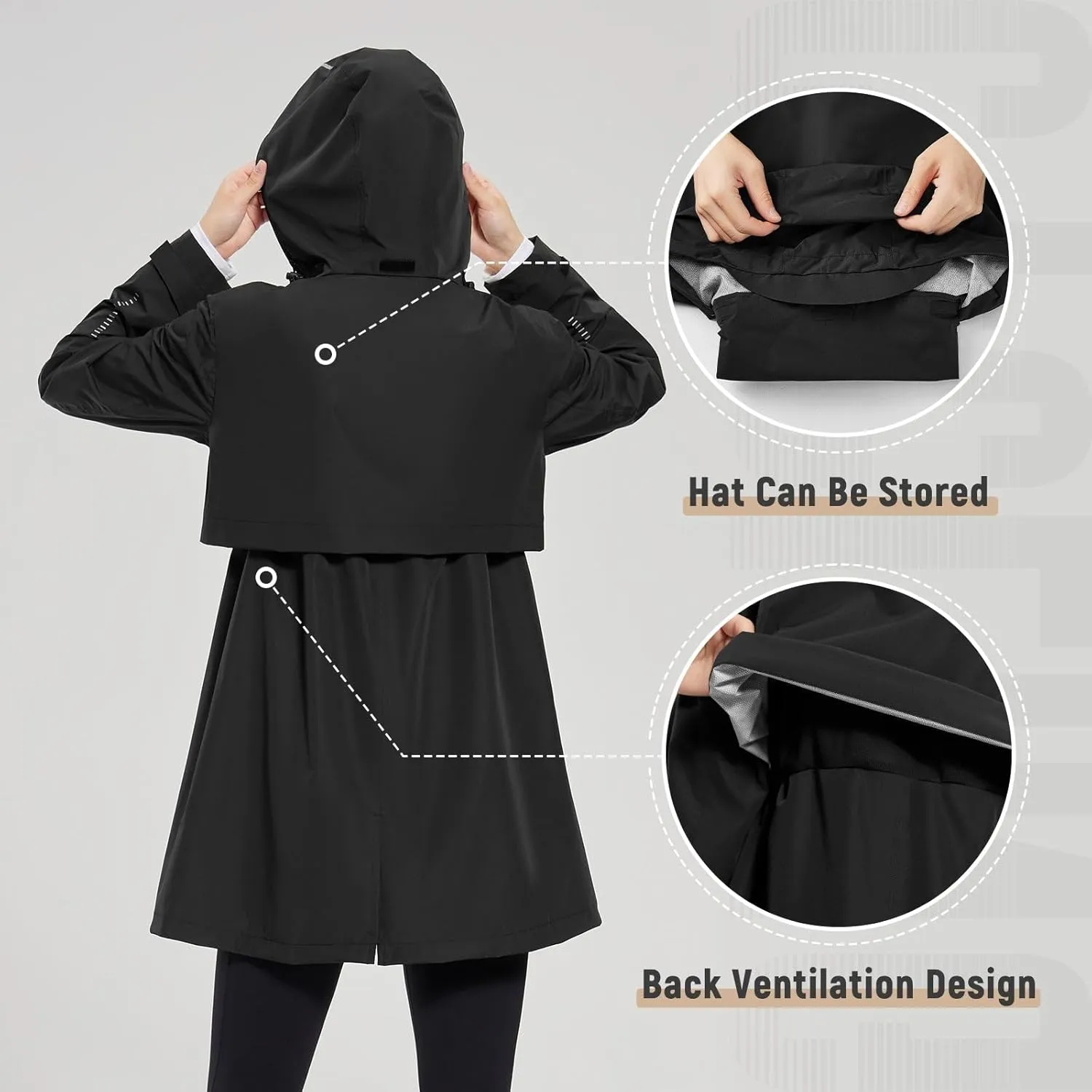 baleaf Women's Long Rain Coat Packable Waterproof Windbreaker Lightweight Cycling Jacket with Hood
