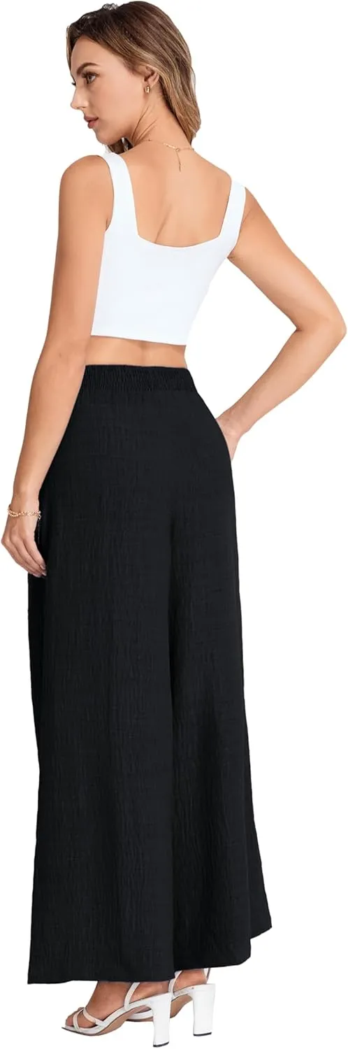 Belle Poque Women's High-Waisted Wide Leg Palazzo Pants - Elastic Waist, Flowy Boho Casual Summer Trousers with Pockets