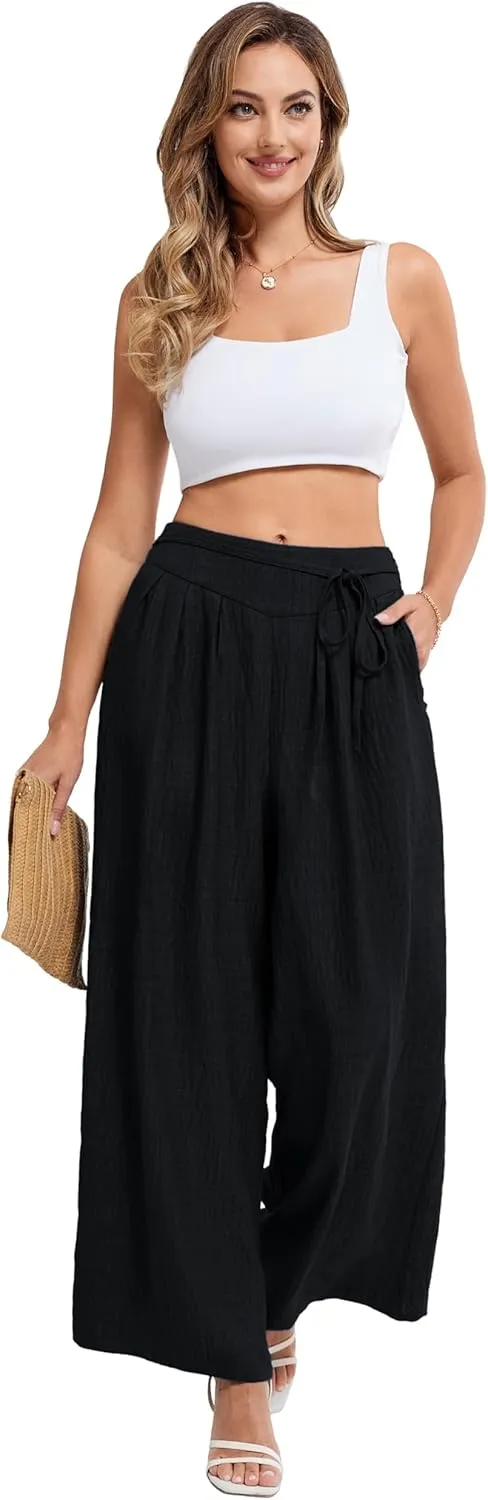 Belle Poque Women's High-Waisted Wide Leg Palazzo Pants - Elastic Waist, Flowy Boho Casual Summer Trousers with Pockets