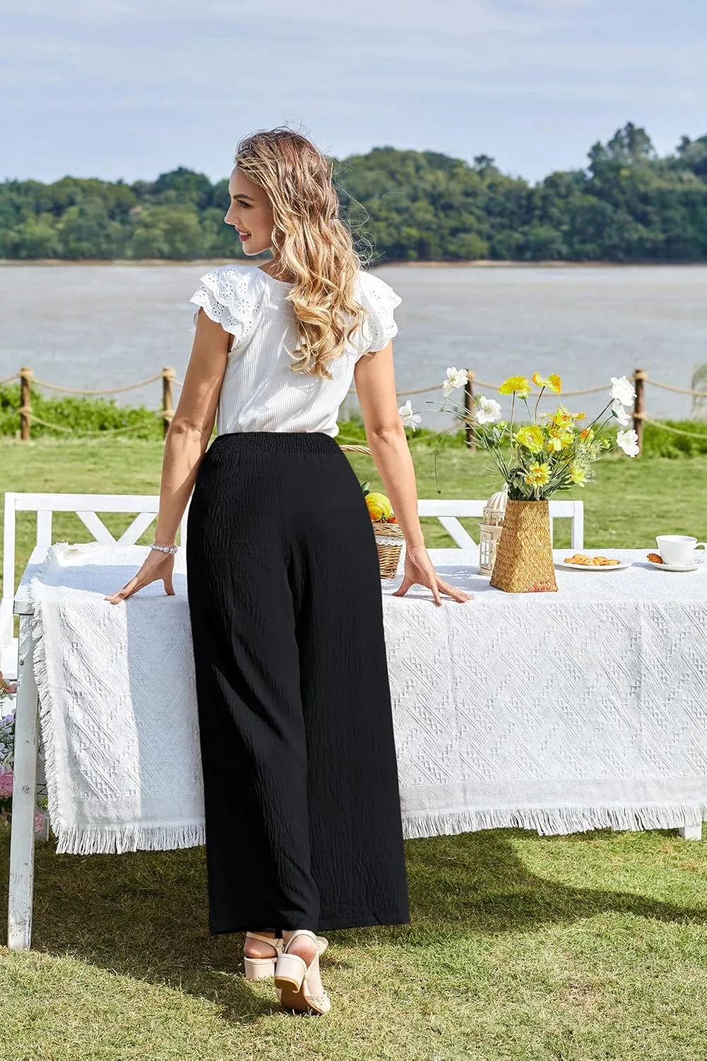 Belle Poque Women's High-Waisted Wide Leg Palazzo Pants - Elastic Waist, Flowy Boho Casual Summer Trousers with Pockets