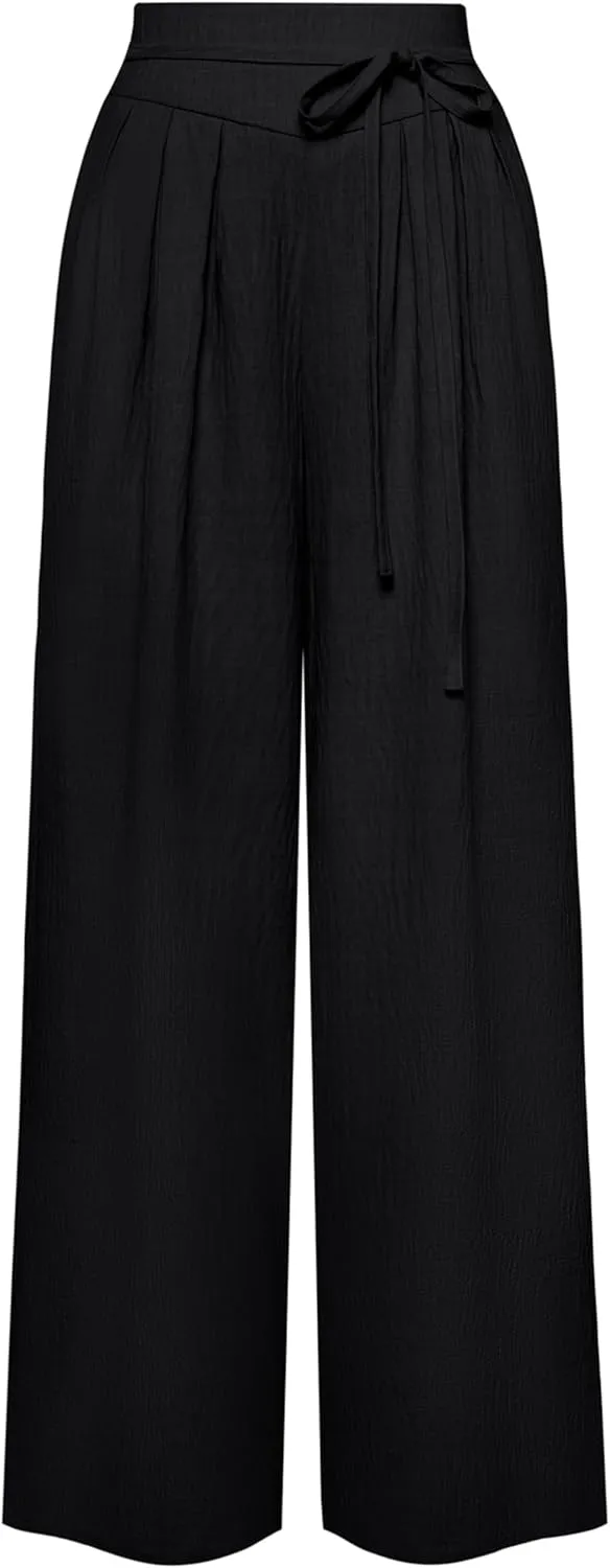 Belle Poque Women's High-Waisted Wide Leg Palazzo Pants - Elastic Waist, Flowy Boho Casual Summer Trousers with Pockets