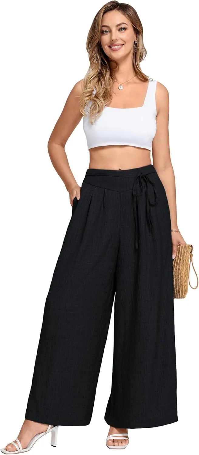 Belle Poque Women's High-Waisted Wide Leg Palazzo Pants - Elastic Waist, Flowy Boho Casual Summer Trousers with Pockets