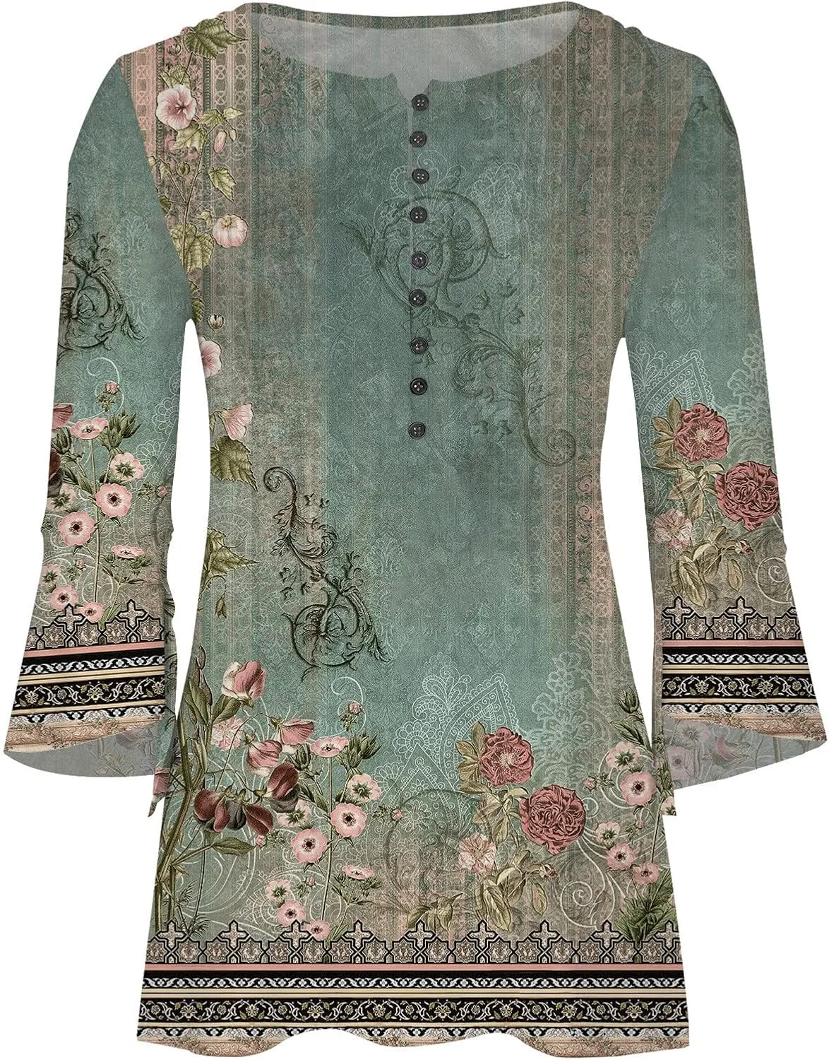 Bohemian Tops for Women Trendy 2023 Sexy Elegant t-Shirt Boho Floral Print 3/4 Bell Sleeve v Neck Shirts Blouse