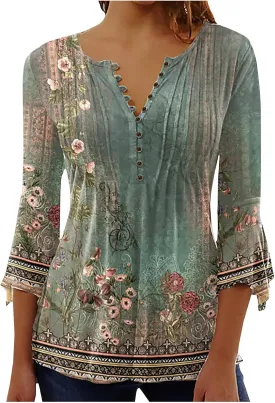 Bohemian Tops for Women Trendy 2023 Sexy Elegant t-Shirt Boho Floral Print 3/4 Bell Sleeve v Neck Shirts Blouse