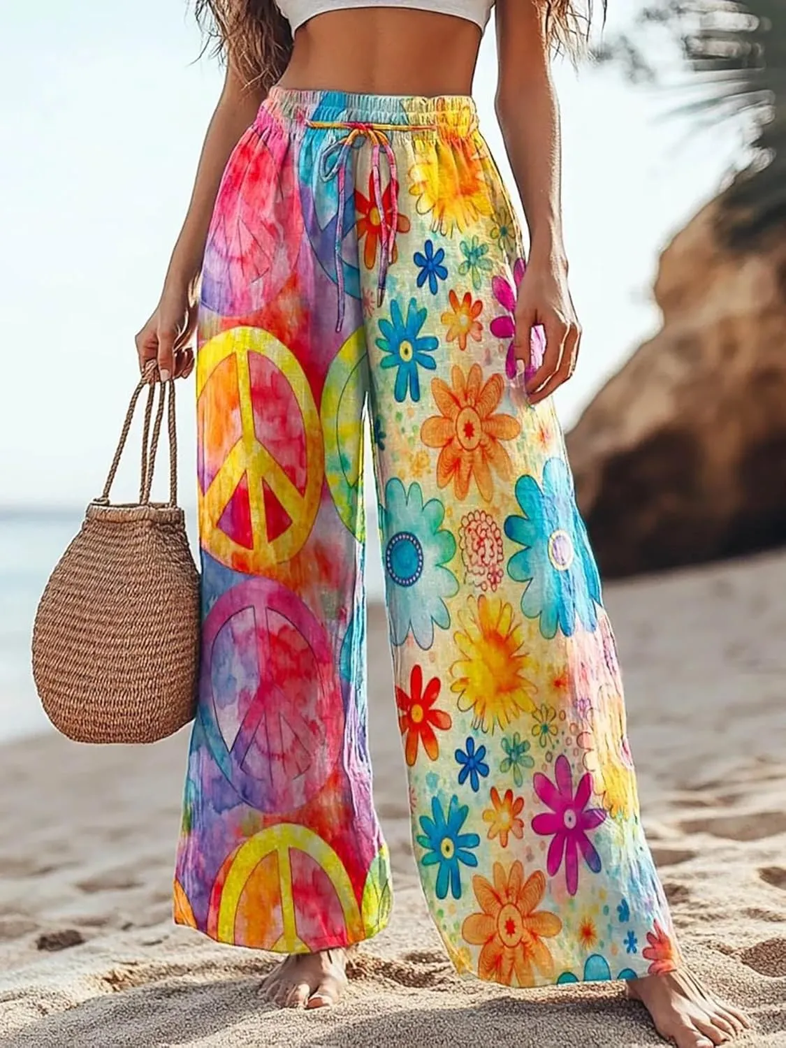 Boho Floral Wide Leg Pants for Women Cotton Linen Casual Loose Pants Summer Beach Flowers Print Flowy Long Pants