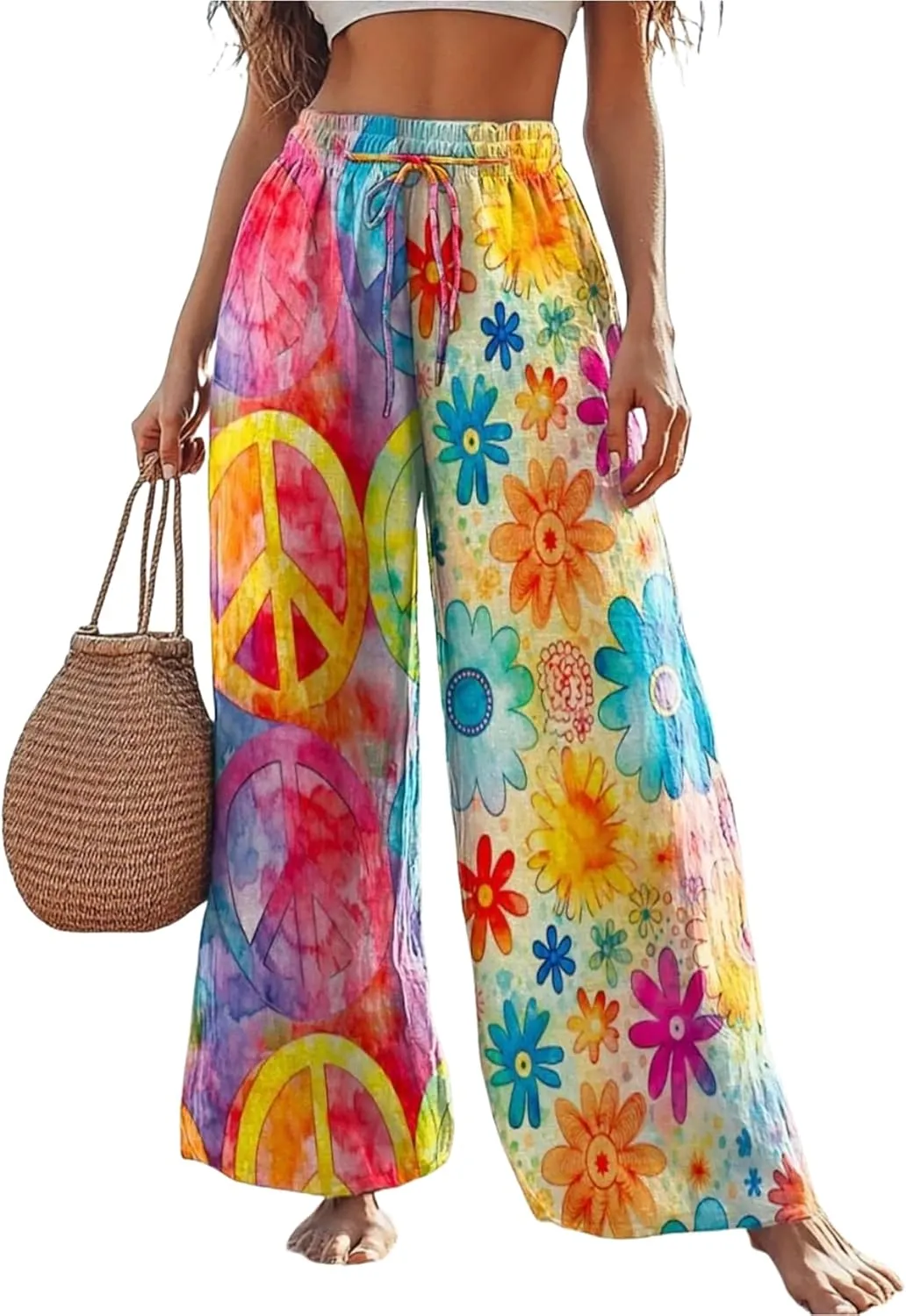 Boho Floral Wide Leg Pants for Women Cotton Linen Casual Loose Pants Summer Beach Flowers Print Flowy Long Pants
