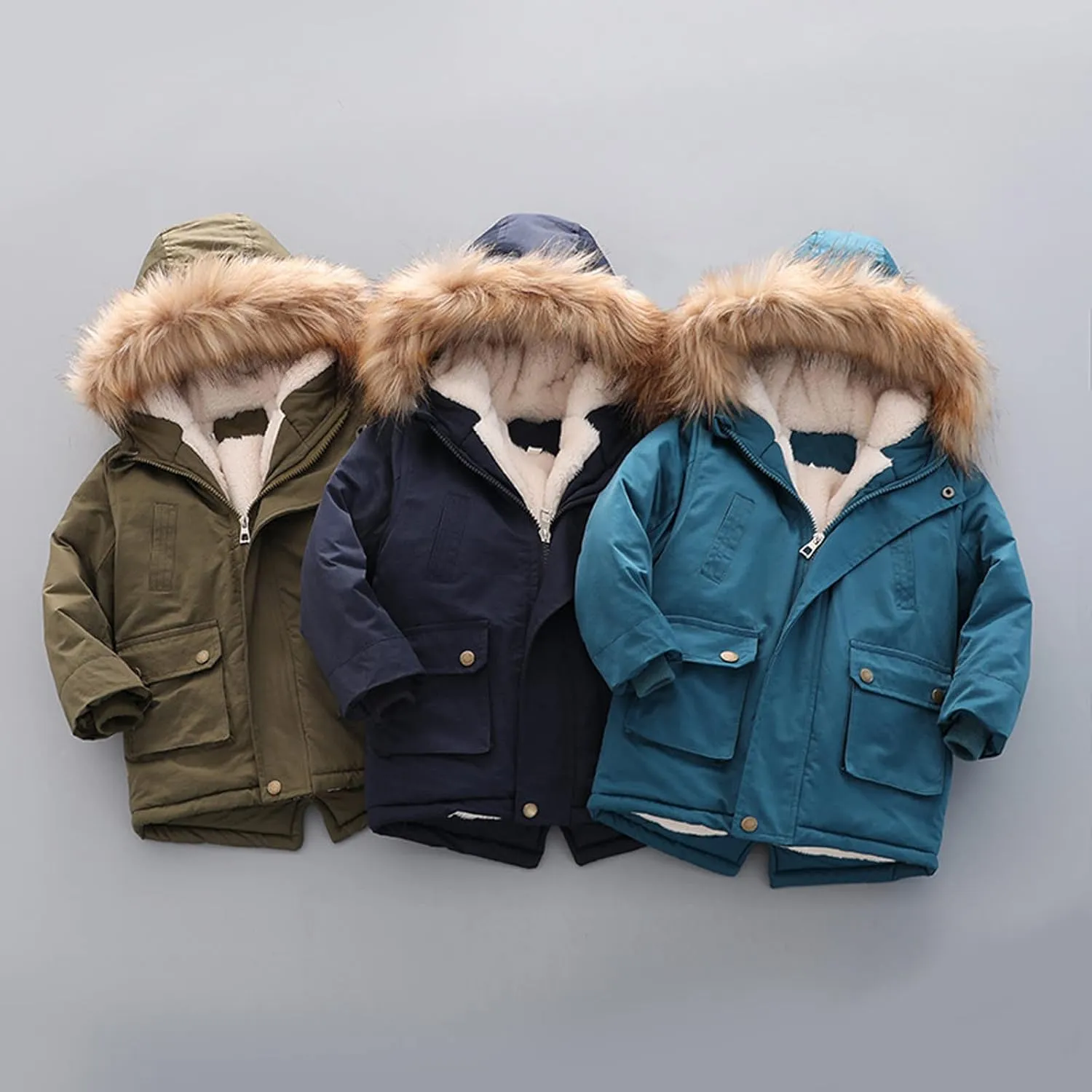 Boys and Toddler's Winter Coat Fleece Lined Long Puffer Jacket Insulated Parka with Faux Fur Collar Hooded Down Coat