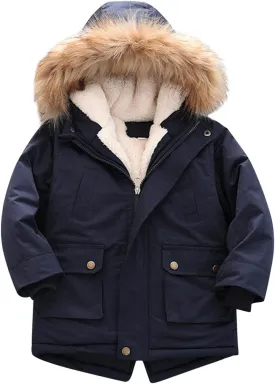 Boys and Toddler's Winter Coat Fleece Lined Long Puffer Jacket Insulated Parka with Faux Fur Collar Hooded Down Coat