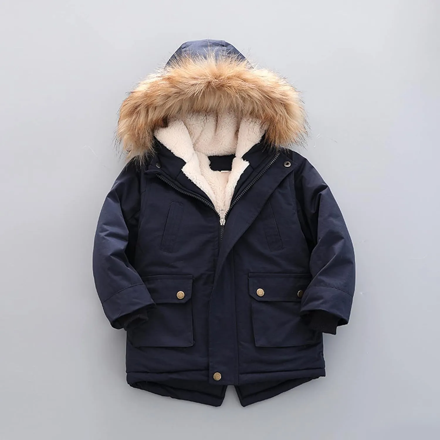 Boys and Toddler's Winter Coat Fleece Lined Long Puffer Jacket Insulated Parka with Faux Fur Collar Hooded Down Coat