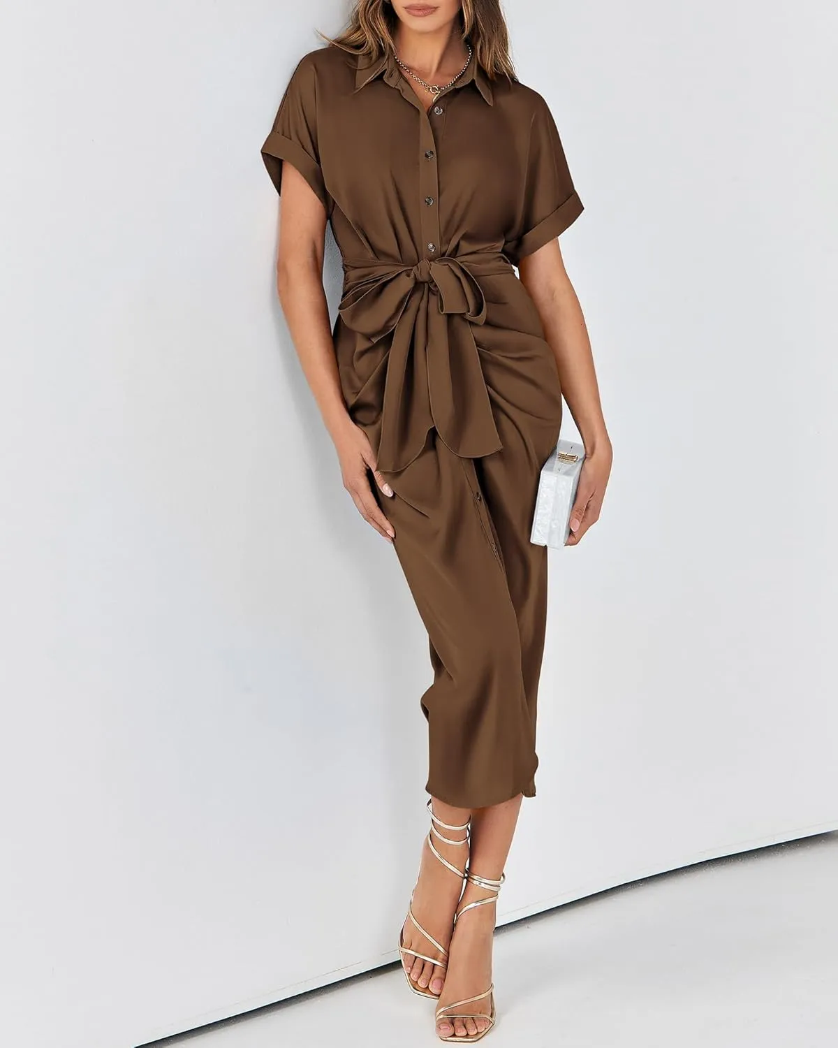 BTFBM 2025 Women Button Down Ruched Shirt Dresses Short Sleeve Lapel V Neck Elegant Party Spring Summer Maxi Satin Dress