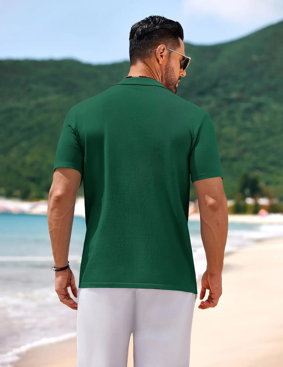 COOFANDY Mens Knit Short Sleeve Shirt Casual Button Down Shirt Vintage Fashion Polo Shirts Crochet Summer Beach Shirts