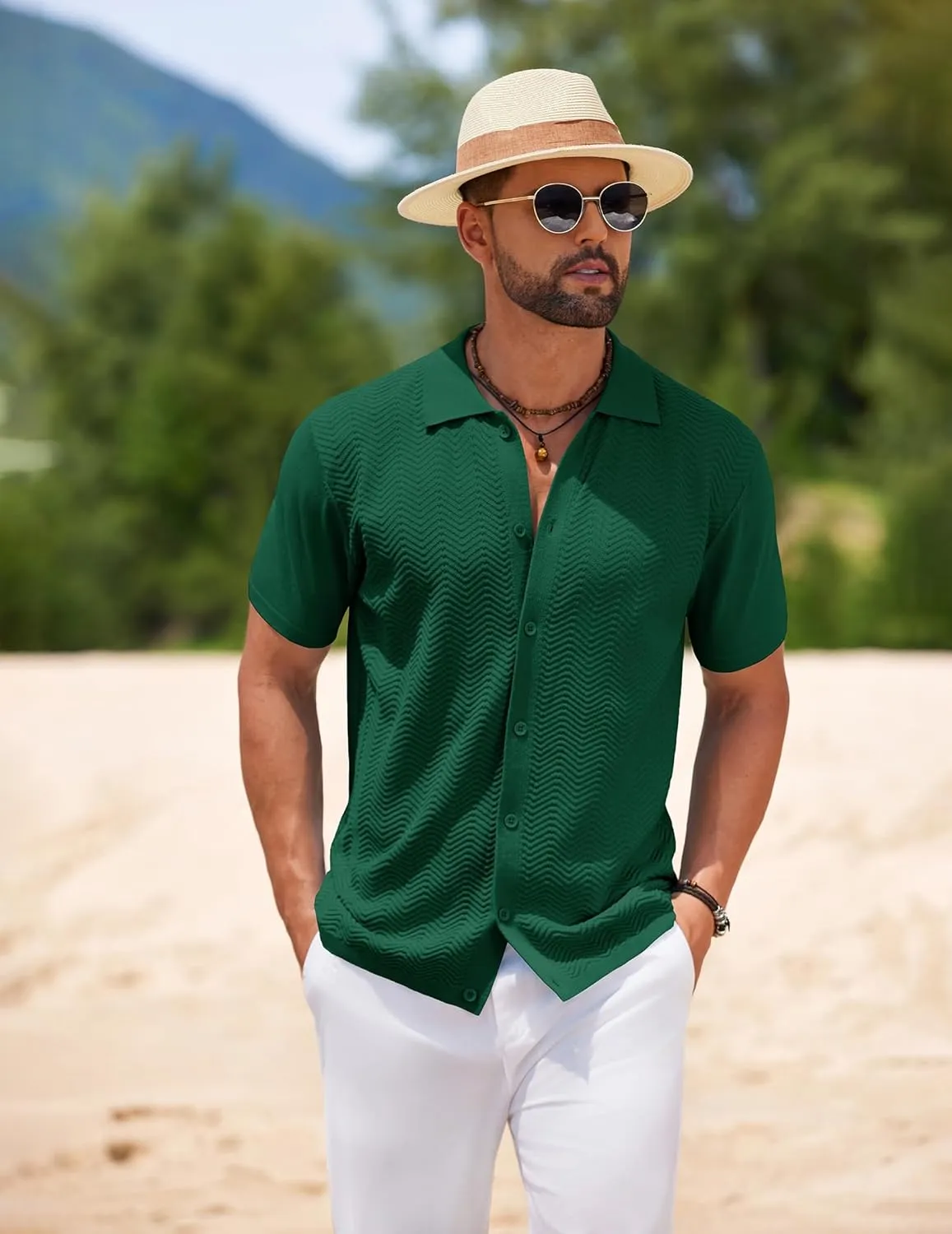 COOFANDY Mens Knit Short Sleeve Shirt Casual Button Down Shirt Vintage Fashion Polo Shirts Crochet Summer Beach Shirts