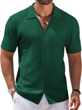 COOFANDY Mens Knit Short Sleeve Shirt Casual Button Down Shirt Vintage Fashion Polo Shirts Crochet Summer Beach Shirts