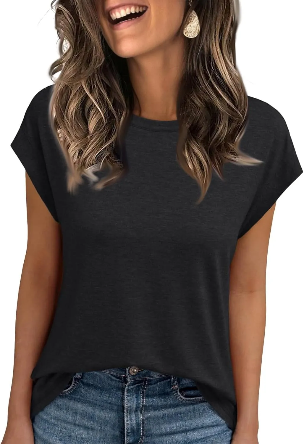 COTECRAM Womens Summer Tops Trendy 2025 Cap Sleeve Tshirts Casual Dressy Crew Neck Basic Tees Beach Vacation Fashion Clothes