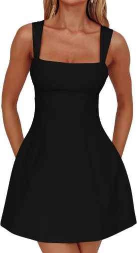 DAAWENXI Women's Casual Square Neck Sleeveless Tank Top Flare Mini Dress A Line Party Club Dresses