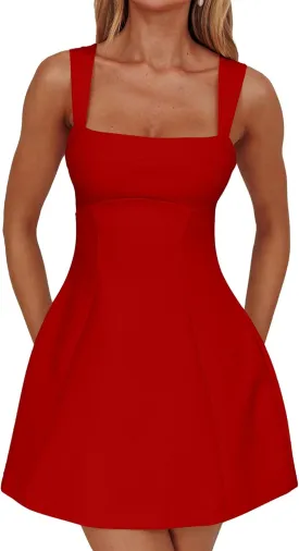 DAAWENXI Women's Casual Square Neck Sleeveless Tank Top Flare Mini Dress A Line Party Club Dresses