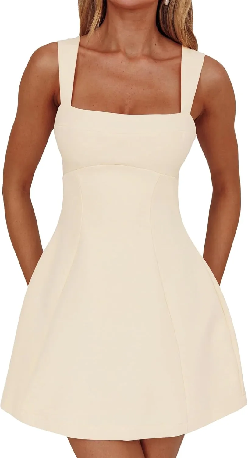 DAAWENXI Women's Casual Square Neck Sleeveless Tank Top Flare Mini Dress A Line Party Club Dresses