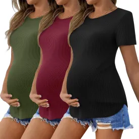 Ekouaer 3 Pack Women Soft Maternity Shirts Ribbed Knit Pregnancy Tops Curved Hem Postpartum Tees Short Sleeve Pregnant Tshirt