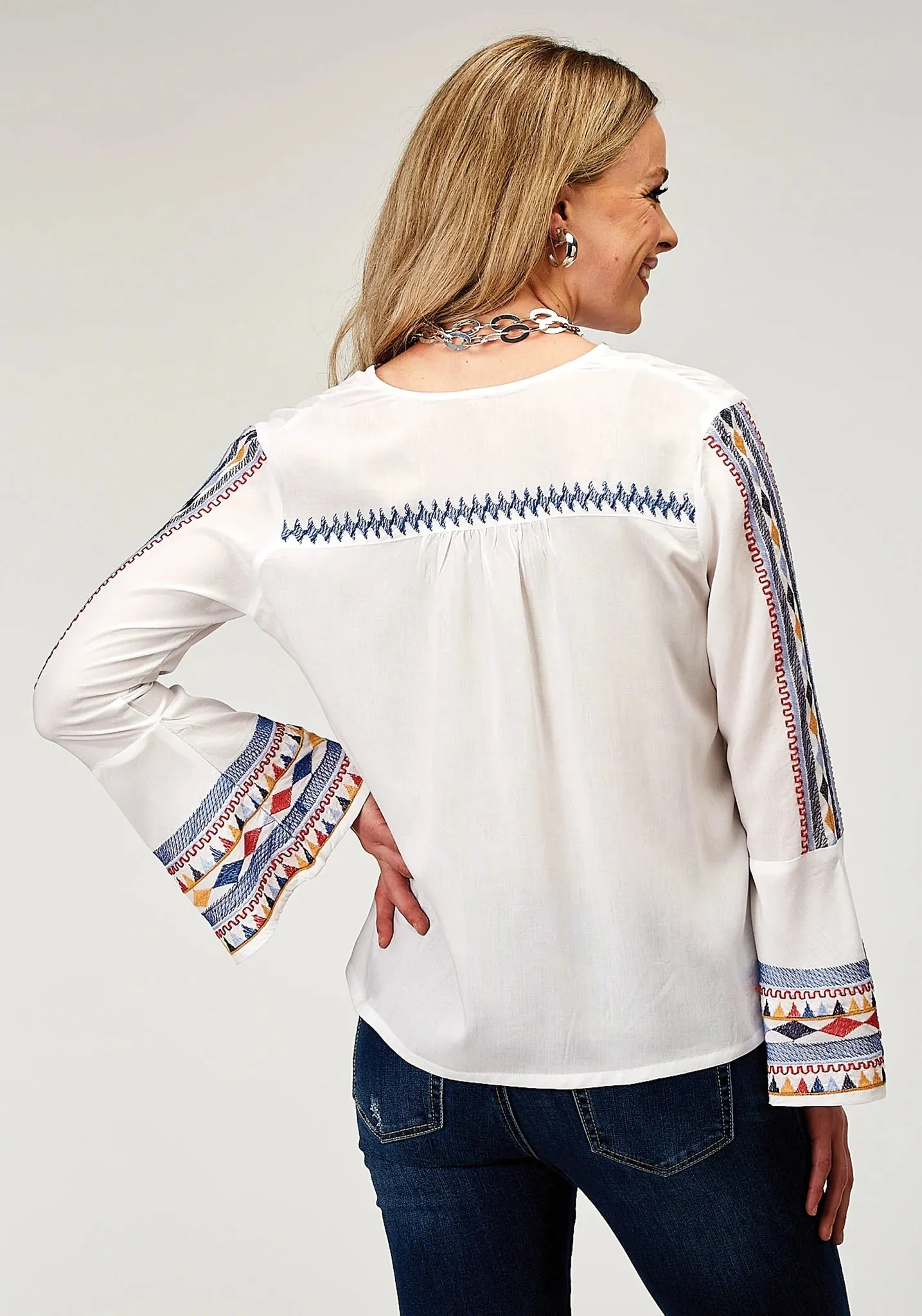 Embroidered Challis Long Sleeve Peasant Top - CLEARANCE