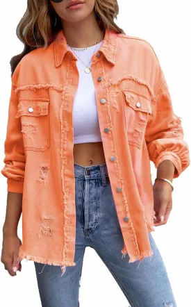 Fashion Women's Oversized Denim Jacket Long Sleeve Basic Distressed Ripped Button Looses Cropped Frayed Jean Coat