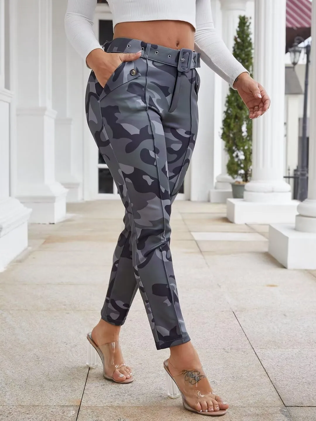 Flamingals Women's Camo Cargo Jogger Pant Slim Fit Casual Camouflage Sweatpants Active Workout Pants with Pockets