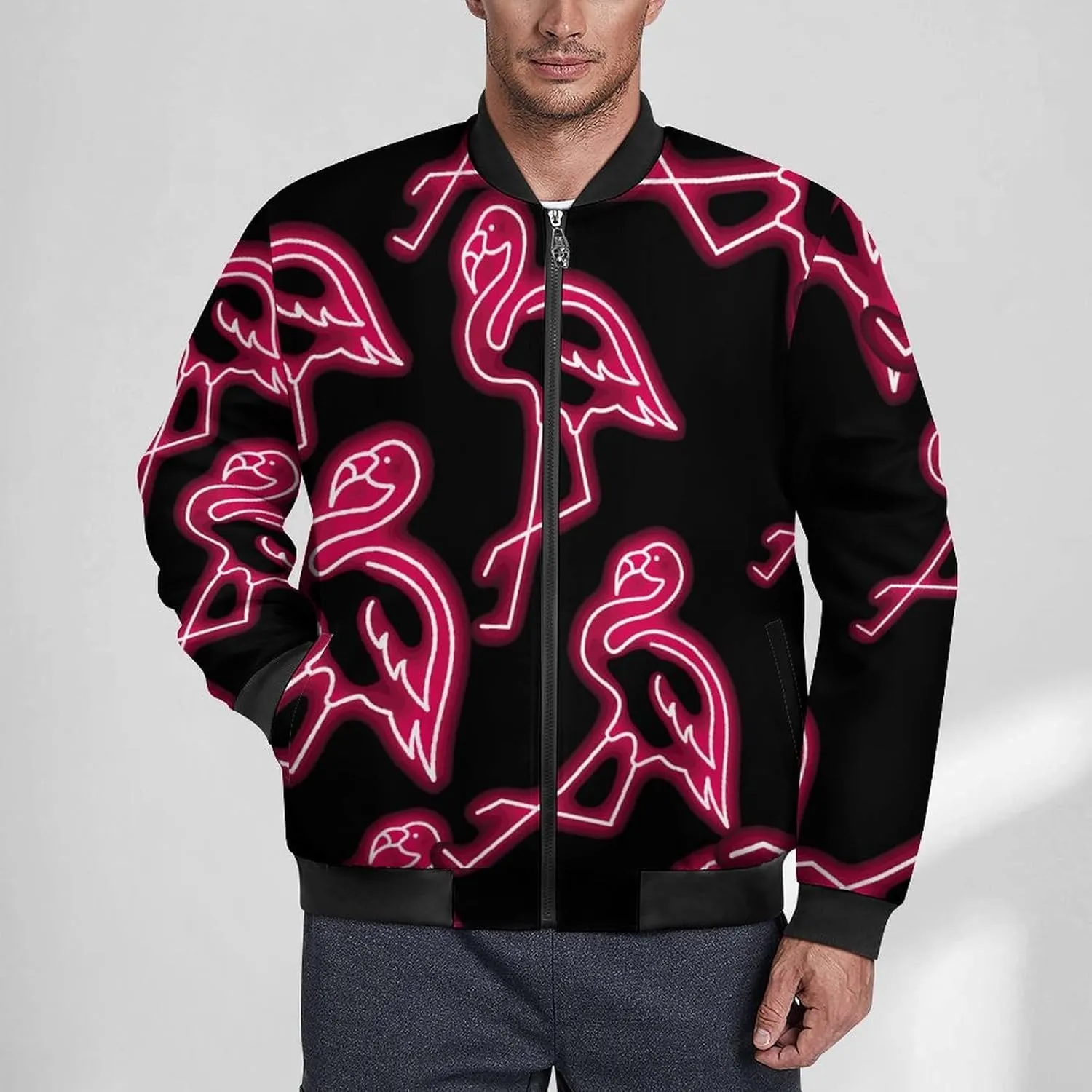 Flamingo Neon Men's Bomber Jacket Lightweight Windbreaker Fashion Spring Fall Coats Casual Jackets for Men