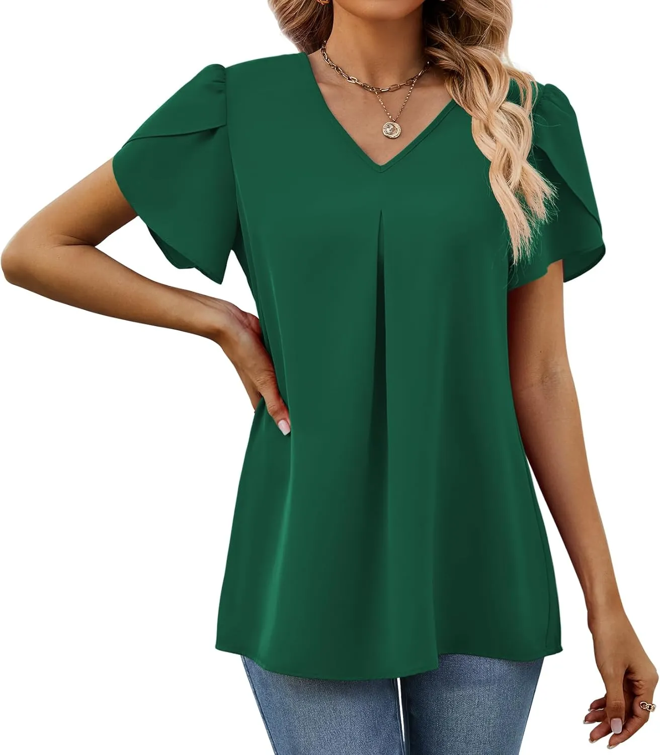 Funlingo Women's Summer Tops Short Sleeve Dressy Chiffon Blouses V Neck Work Tunic Tops Casual Loose T-Shirts