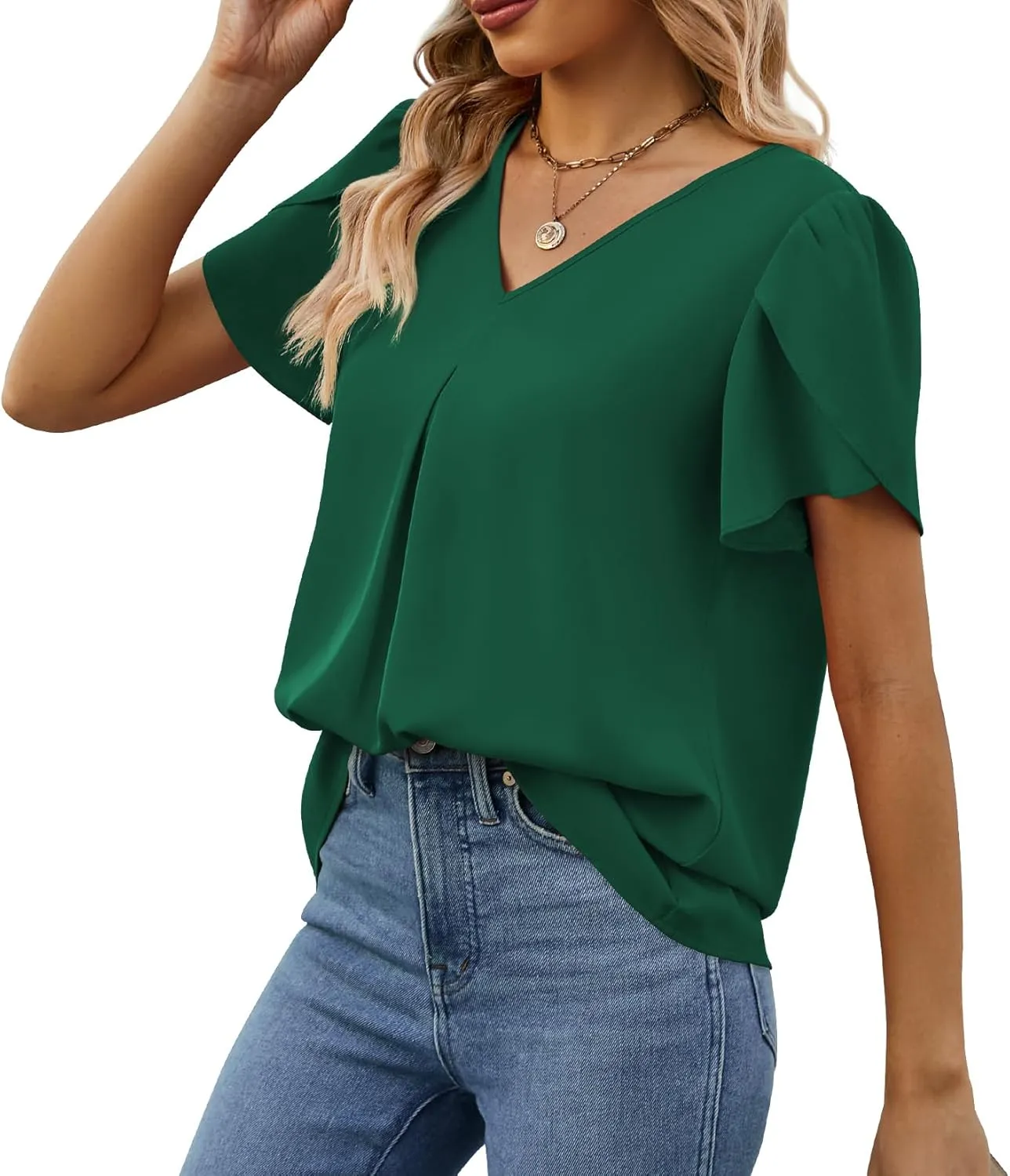 Funlingo Women's Summer Tops Short Sleeve Dressy Chiffon Blouses V Neck Work Tunic Tops Casual Loose T-Shirts