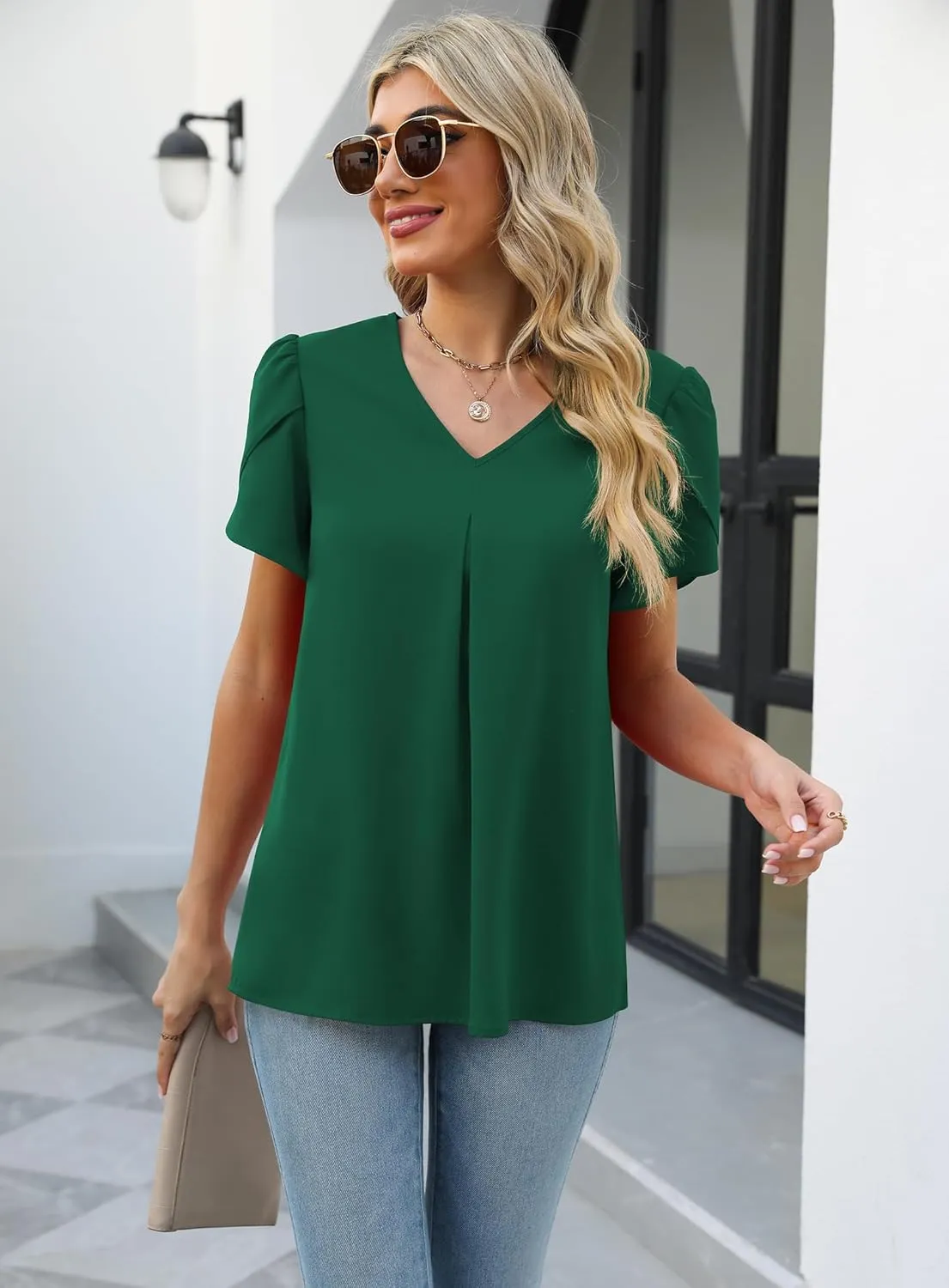 Funlingo Women's Summer Tops Short Sleeve Dressy Chiffon Blouses V Neck Work Tunic Tops Casual Loose T-Shirts