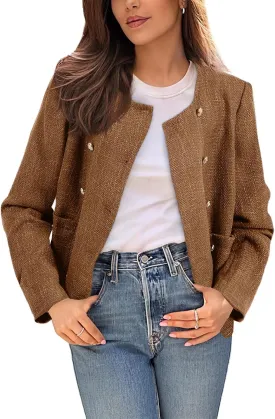 Happy Sailed Womens Cropped Tweed Blazers Casual Long Sleeve Double Breasted Open Front Blazer Jackets Work Suits