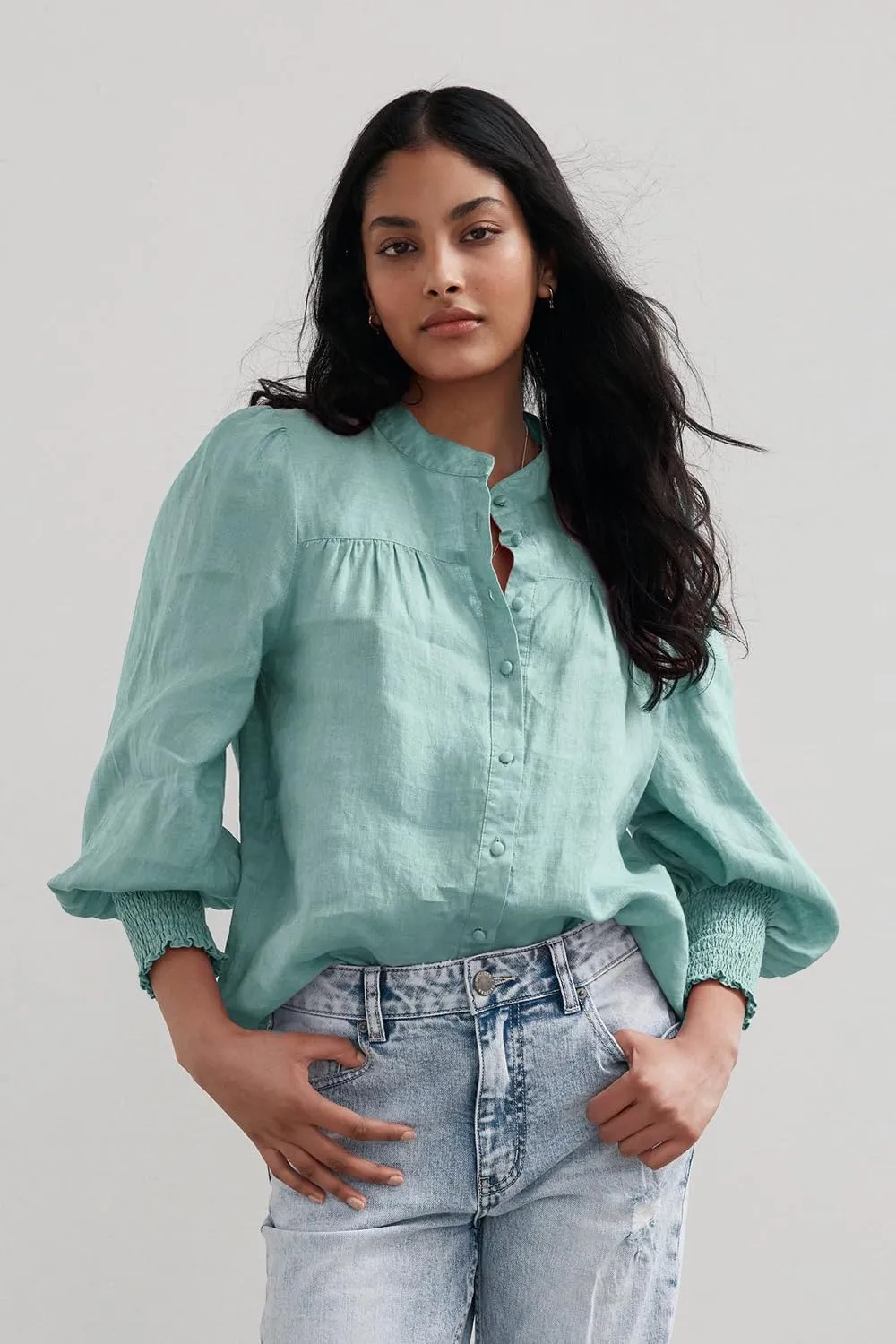 Lesore Womens Casual Button Down Crewneck Puff Long Sleeve Smocked Cuffs Shirt Blouses Tops