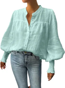 Lesore Womens Casual Button Down Crewneck Puff Long Sleeve Smocked Cuffs Shirt Blouses Tops
