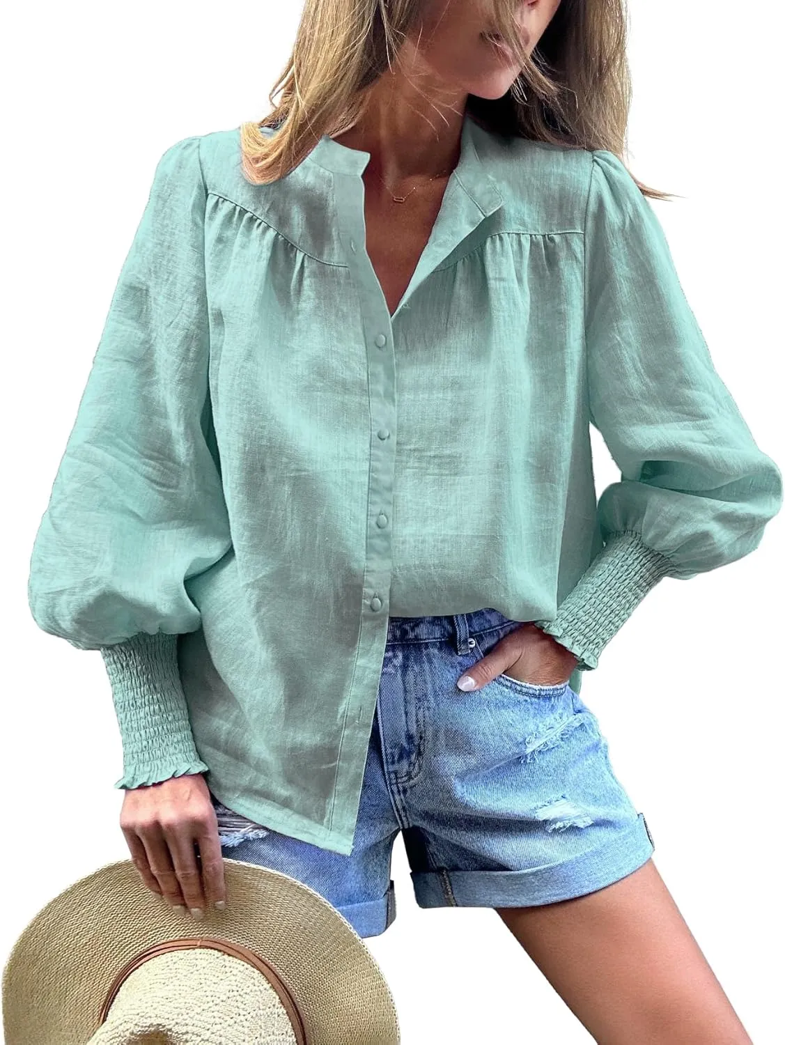 Lesore Womens Casual Button Down Crewneck Puff Long Sleeve Smocked Cuffs Shirt Blouses Tops