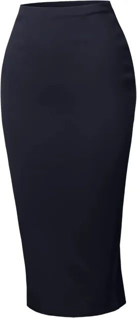 Made by Emma Women's High Waist Basic Pencil Stretch Span Midi Length Slit Back Skirt