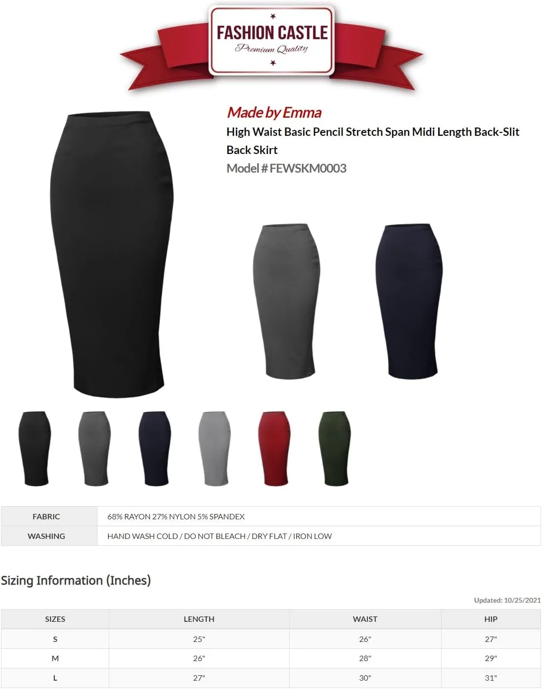 Made by Emma Women's High Waist Basic Pencil Stretch Span Midi Length Slit Back Skirt