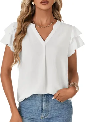 OPOIPIN Women's V Neck Ruffle Short Sleeve Work Blouse Business Casual Top