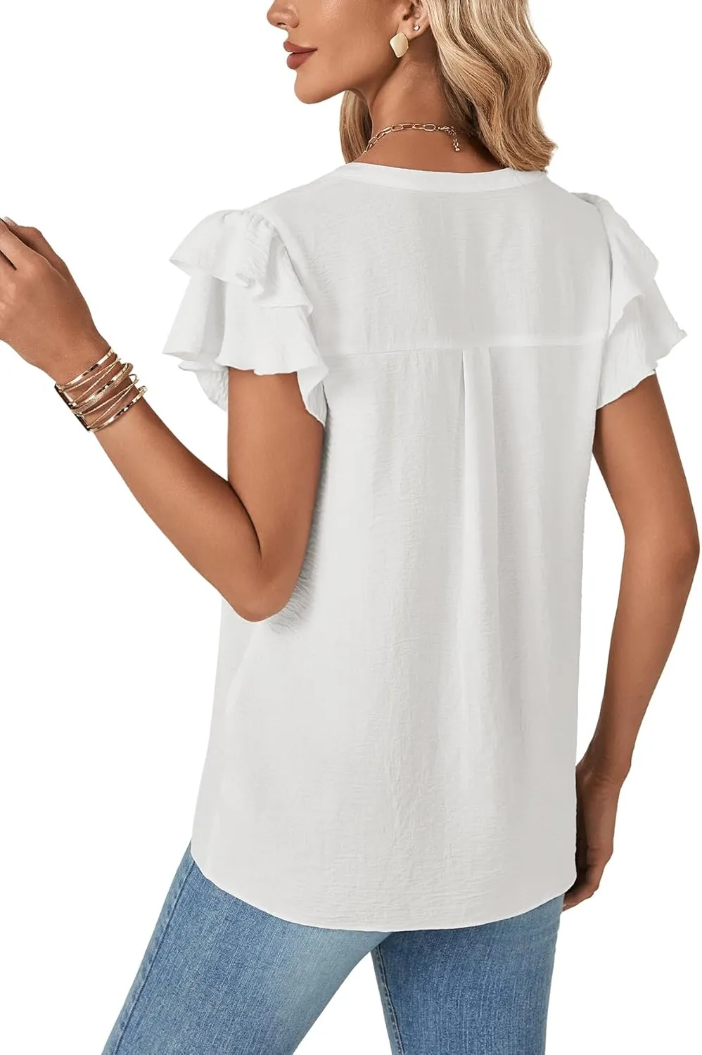 OPOIPIN Women's V Neck Ruffle Short Sleeve Work Blouse Business Casual Top