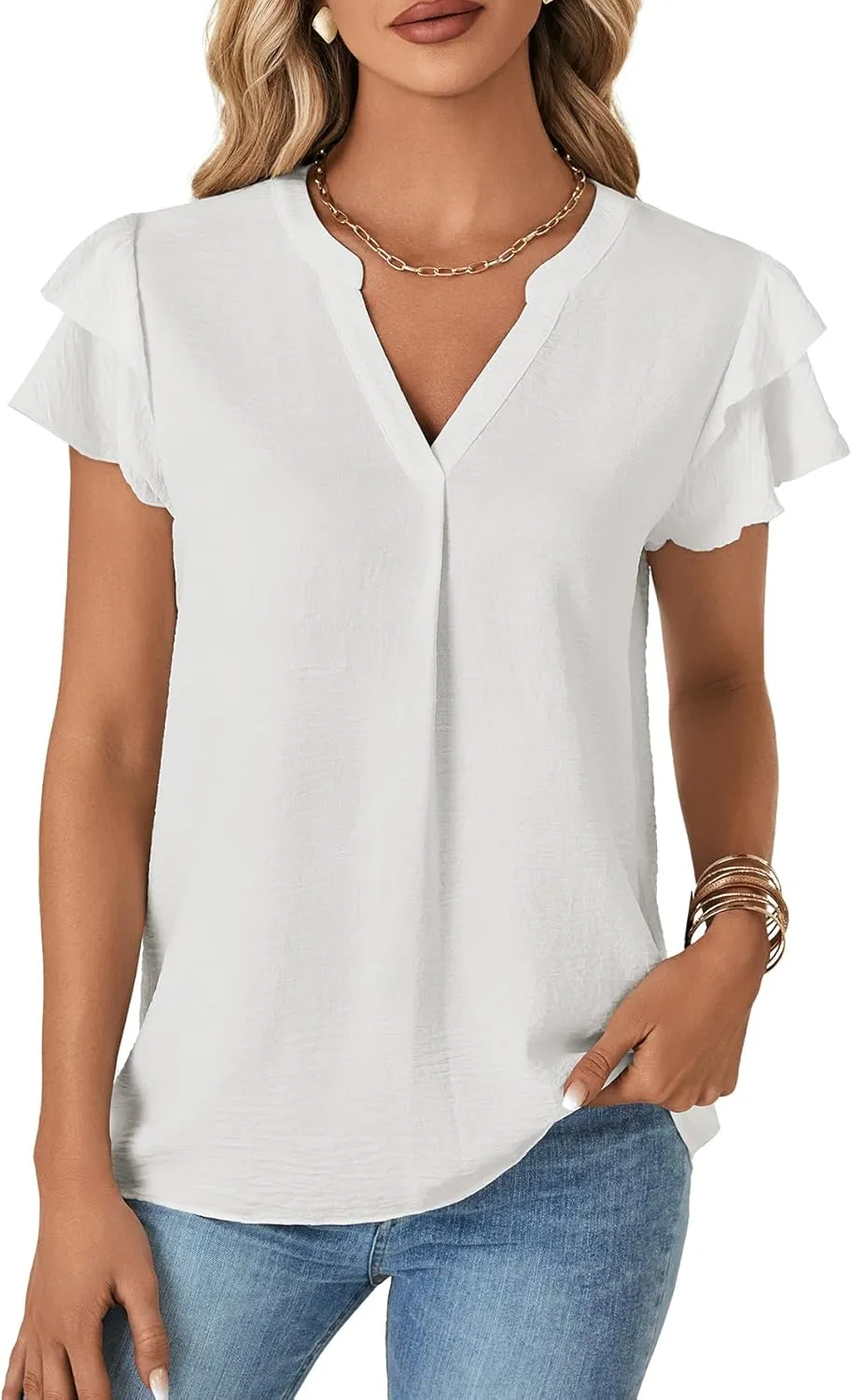 OPOIPIN Women's V Neck Ruffle Short Sleeve Work Blouse Business Casual Top