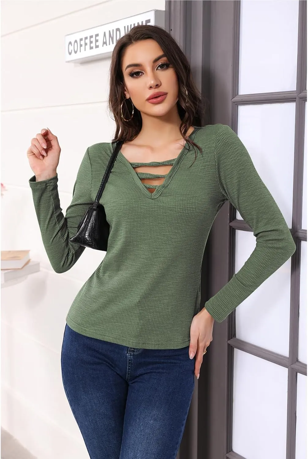 Poetsky Women's Fall Long Sleeve Tunic Tops Sexy V Neck Shirts Casual Criss Cross Ribbed Knit Tee Slim Fitted Blouse