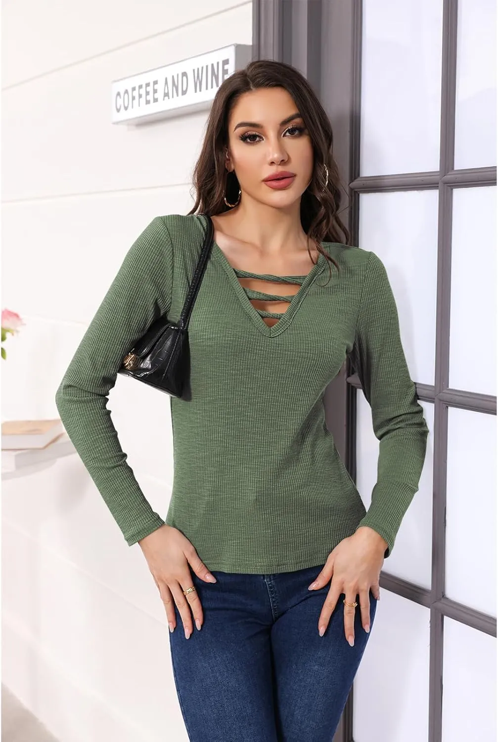 Poetsky Women's Fall Long Sleeve Tunic Tops Sexy V Neck Shirts Casual Criss Cross Ribbed Knit Tee Slim Fitted Blouse
